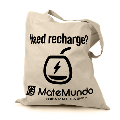 Bag with MateMundo logo - "Need recharge?"