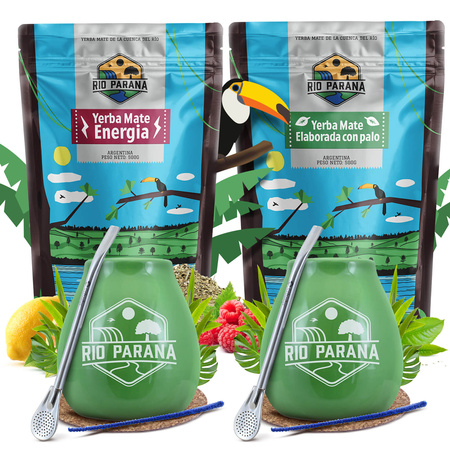 Yerba Mate Rio Parana Set FOR TWO Calabash Bombilla 1000g