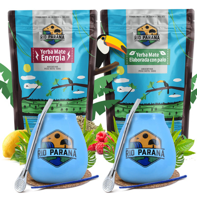 Yerba Mate Rio Parana Set FOR TWO Calabash Bombilla 1000g
